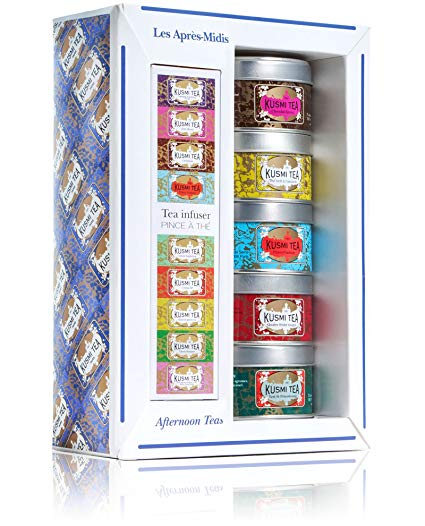 Kusmi Tea Afternoon Tea Gift Set - Enjoy Our Classic Blends Spicy Chocolate, Four Red Fruit, Prince Vladimir, St. Petersburg, and Almond Green Tea (5 Tins with Infuser)