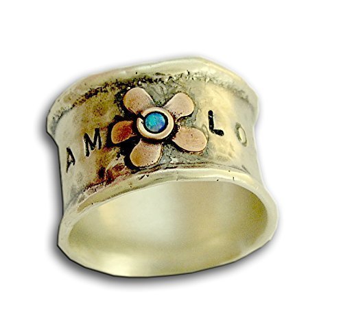 Hand stamped gold silver flower woodland promise ring with opal October birthstone - Dream and Love R1571