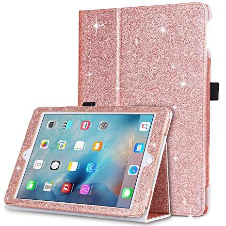 New iPad 2017 iPad 9.7 inch Case, BENTOBEN Glitter Sparkle Folio Folding Stand Smart Cover Stylus Holder Auto Wake/Sleep Luxury Faux Leather Protective Case for New iPad 9.7 Inch (2017), Rose Gold