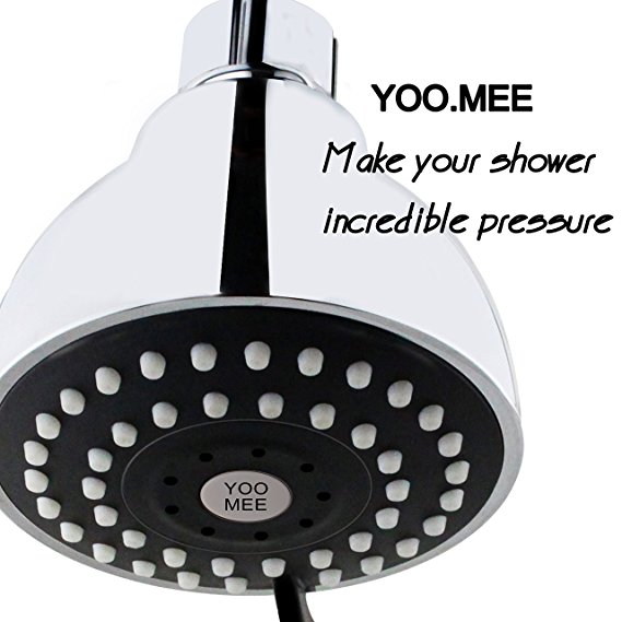 YOO.MEE High Pressure Fixed Shower Head - Strong Powerful Pressure Boosting against Low Flow Showers- 3 Function Wall Mount Rain Shower - Removable Water Restrictor - Luxury Chrome