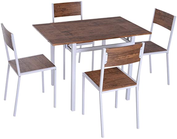 HOMCOM 5 Piece Expanding Drop Leaf Dining Table and Chairs Set - Walnut/White