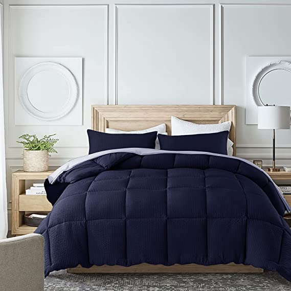 KASENTEX All Season Quilted Down Alternative Comforter Queen Size, Cozy Reversible, Fluffy Ultra Soft Duvet Insert, Hypoallergenic Machine Washable, Navy Blue, Queen