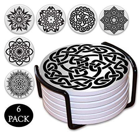 Coaster For Drinks By OMBAK, Extra Large And Ultra Absorbent, Ornamented With Timeless Celtic Artistry To Accent Any Decor, Easy to Wash and Stack, Set of 6 With Holder I …