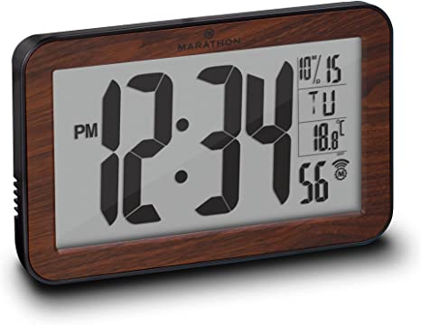 Marathon Commercial Grade Panoramic Autoset Atomic Digital Wall Clock with Table or Desk Stand, Date, and Temperature, 8 Time Zone, Auto DST, Self Setting, Self Adjusting, Batteries Included (Wood)
