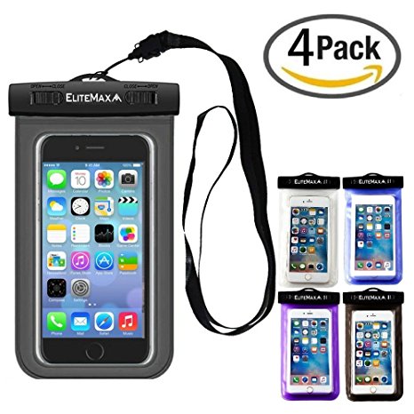 Universal Waterproof Case 4 Pack, EliteMax Cellphone Dry Bag Pouch for iPhone 6 6S Plus 7 Plus SE 5S Samsung Galaxy S7 Edge Note LG HTC Nokia - Outdoor Sports Case for Devices up to 6" Diagonal
