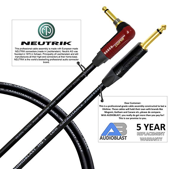 12 Foot - Audioblast HQ-1 - Ultra Flexible - Dual Shielded (100%) – Guitar Bass Instrument Cable w/Neutrik NP2RX-AU-SILENT & Neutrik NP2X-B ¼ Inch (6.35mm) TS Plugs
