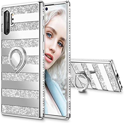 Maxdara Case for Galaxy Note 10  Plus Case Glitter Ring Kickstand Case for Gilrs Women with Bling Sparkle Diamond Rhinestone Holder Protective Case for Samsung Galaxy Note 10  Plus 5G (Stripe Silver)