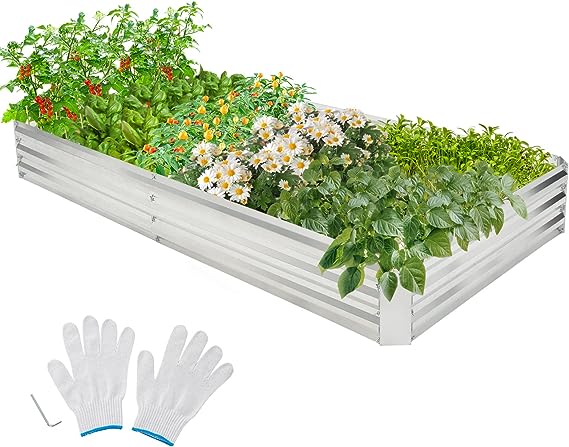 COSTWAY Metal Raised Garden Bed, Oval/Rectangular Elevated Planter Box Kit with Open Bottom, Indoor Outdoor Vegetable Fruit Flower Herb Growing Box (Rectangular 242 x 122 x 30cm)