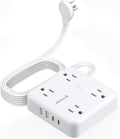 Flat Plug Power Strip USB, TROND 10ft Flat Extension Cord with Multiple Outlets, 2 USB-C & 2 USB-A Charger, 1440J Surge Protector, for Home Office Accessories Dorm Room Travel Essentials, White