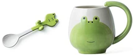 EKUEE Liwes Hand-Painted Coffee Cup Lovely Panda/Frog/Cat/Pig Ceramic Mug Teacup Include Teaspoon (E)