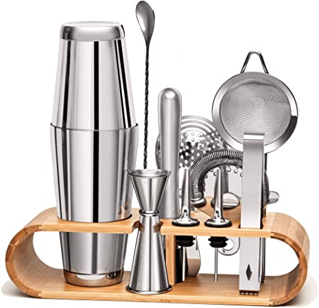 11 Pieces Mixology Bartender Kit by Mixologic: 304 Stainless Steel Boston Cocktail Shaker Bar Set With Sleek Bamboo Stand & E-Recipe Booklet | Premium Bartending Tools (Silver)