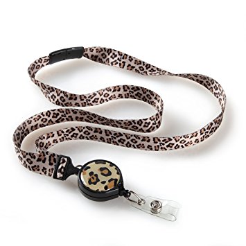 Leopard Ribbon Lanyard with ID Badge Reel For Women with Breakaway Safety Clasp