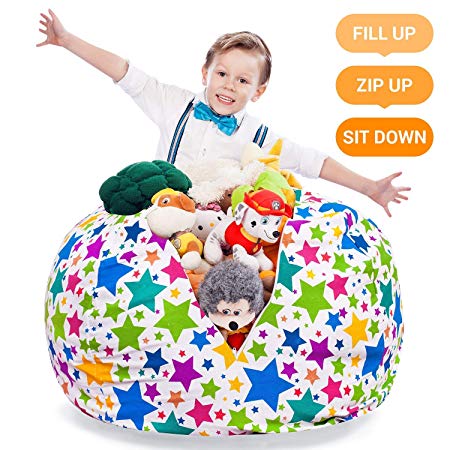 Stuffed Animal Storage Bean Bag - Kids and Teens Chair Сover - Extra-Large Toy Organizer - Stuff, Zip, Sit Pouf, Trendy Teenage Bedroom Idea (Holiday Stars, 38")