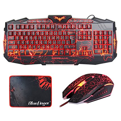 Gaming Keyboard and Mouse Combo-BlueFinger USB Wired LED Backlit 3Color Adjustable Keyboard and Mouse Set with Cool Crack Pattern Adjustable Color Mouse   BlueFinger Customized Gaming Mouse Pad