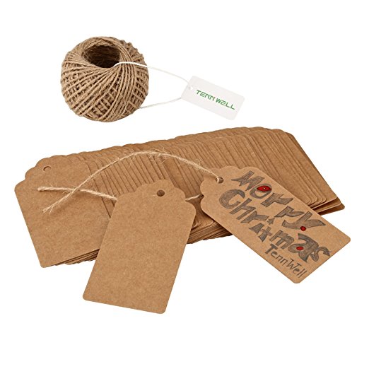 Tenn Well 100pcs Gift Tags Brown Gift Kraft Wedding Paper Tags with 100 Feet free Natural Jute Twine (square-shape)