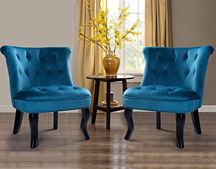 Blue Upholstered Chair (Set of 2) / Modern Tufted Velvet Armless Accent Chair with Black Birch Wood Legs - Aegean Blue
