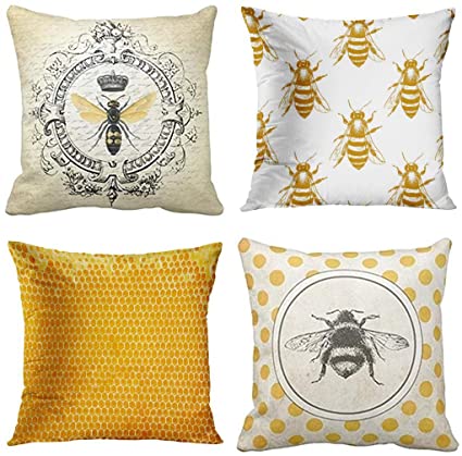 Emvency Set of 4 Throw Pillow Covers Bee Honey Yellow Modern Vintage French Queen Entomology with Bees Decorative Pillow Cases Home Decor Square 16x16 Inches Pillowcases