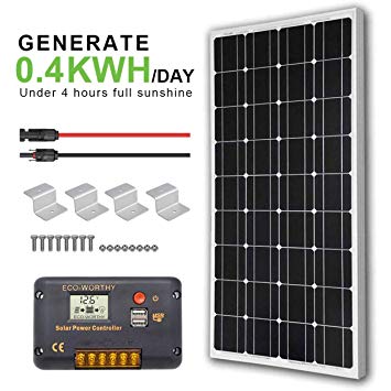 ECO-WORTHY 12 Volt 100 Watt Monocrystalline Solar Starter Kit: 1pc 100W Mono Solar Panel   20A LCD Solar Controller   30Ft Solar PV Cable with MC4 Connectors   Z Mounting Brackets