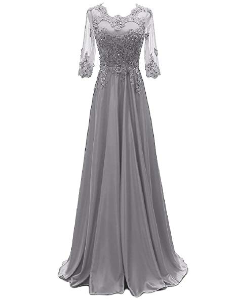 OYISHA Women's 1/2 Sleeve Lace Beaded Formal Evening Dress with Sleeves Long Mother of The Bride Dresses AWY2