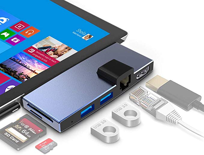 Surfacekit for Microsoft Surface Pro 6/ Surface Pro 5/ Surface Pro 4. Surface Pro Dock with Proprietary Interface - Ethernet LAN - HDMI (4K@30Hz) - 2 x USB 3.0 - SD/Micro SD Card Slot- Aluminum Shell