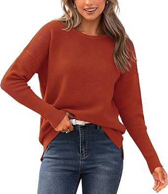 BTFBM Casual Women 2024 Fall Sweater Long Sleeve Ribbed Knit Pullover Loose Crewneck Batwing Split Sweater