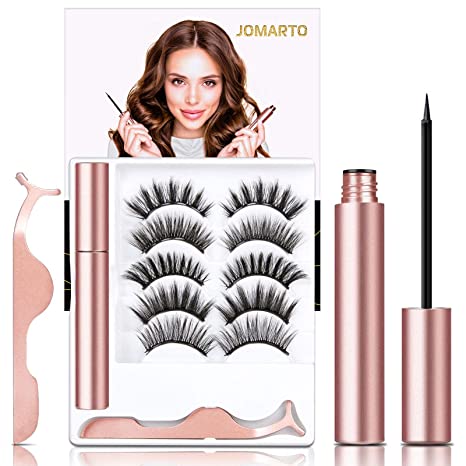 5 Pairs Magnetic Eyelashes and Eyeliner Kit, JOMARTO Waterproof Reusable Magnetic Lashes Eyeliner Set All Day Lasting Natural Looking Eyelashes with Tweezer No Glue Need