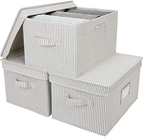 StorageWorks Storage Bins with Lids and Handles, Canvas Storage Basket,Gray and White Stripes, Large, 3-Pack