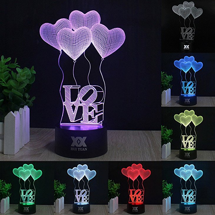 Optical Illusions 3D Lamp Touch Control LED Night Lights Decor Lights LOVE&HEART Show Image Series 7 Colours Changes Best Gifts for Kid and Room&Dest Decoration