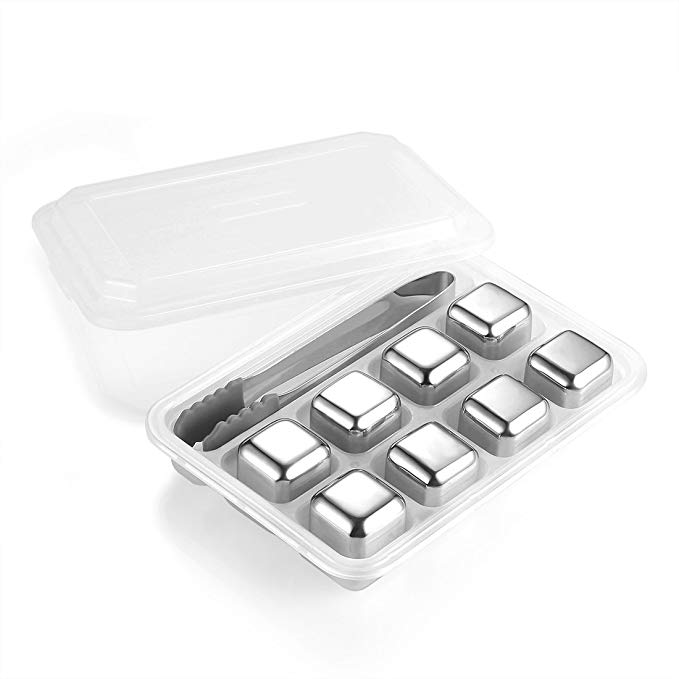 Mayshion Set of 8 Stainless Steel Ice Cubes,Whiskey Rocks,Reusable Chilling Stones for Wine,Whiskey,Beer,Beverage(Stainless Steel Tweezer and Tray with Cover)
