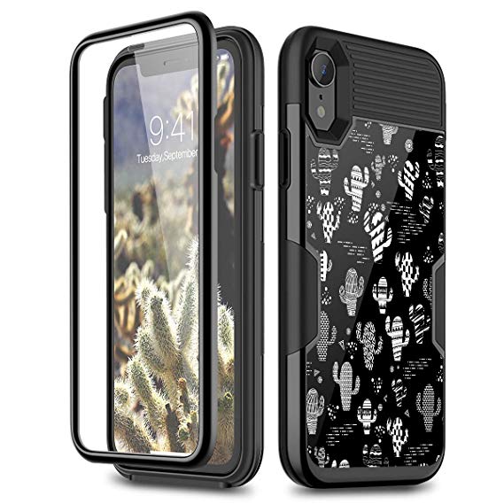 iPhone XR Case, [Built-in Screen Protector] WeLoveCase Full-Body Rugged Case with Cute Cartoon Cactus Pattern Shockproof 3 in 1 Hybrid Soft TPU Bumper   PC Back Cover for Apple iPhone XR White Cactus