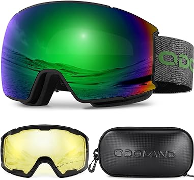 Odoland Magnetic Interchangeable Ski Goggles Set with 2 Lens, Anti-Fog UV Protection Snowboard Snow Goggles for Men Women