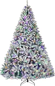 Hykolity 7.5ft Prelit Snow Flocked Christmas Tree, Artificial Christmas Pine Tree with 450 Multicolor LED Lights, 1446 Tips, Metal Stand and Hinged Branches, 10 Colors