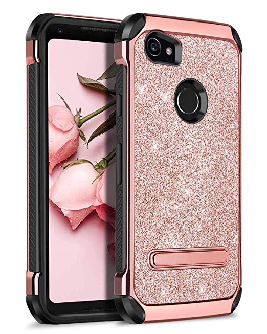 Google Pixel 2 XL Case, BENTOBEN Kickstand Design Slim 2 in 1 Heavy Duty Shockproof Hybrid Soft TPU Bumper Hard PC Cover with Bling Sparkly Glitter PU Faux Leather Protective Phone Cover for Google Pixel 2 XL, Rose Gold