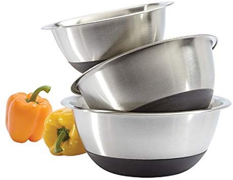 Amco Stainless Steel Mixing Bowls with Non-Skid Silicone Bottom, Set of 3