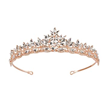 SWEETV Rhinestone Wedding Tiara for Bride, Princess Tiara Headband Birthday Crown, Bridal Hair Accessories for Women, Rose Gold
