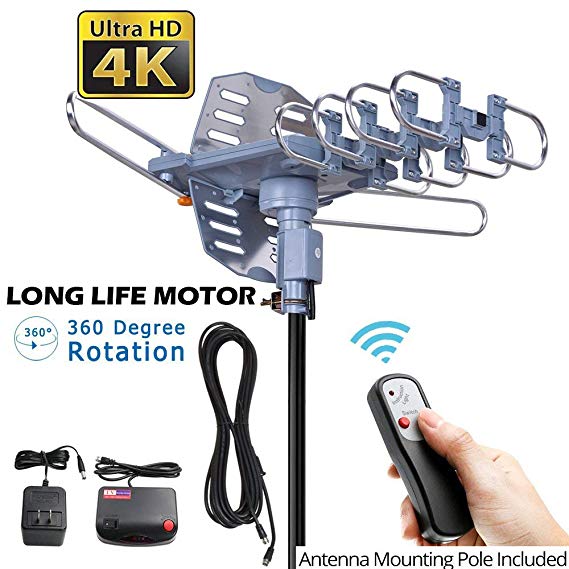 pingbingding Outdoor TV Antenna Digital Antenna 150 Mile Motorized 360 Degree Rotation Support 2 TVs - Mounting Pole & 40FT RG6 Coax Cable - Wireless Remote Control - UHF/VHF - Snap-On Installation