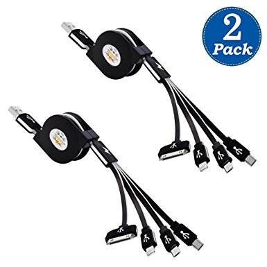 (2 Pack) USB Cable, Retractable 4 in 1 Charging Cable Adapter with 8 Pin Lighting / 30 Pin / Micro USB / Mini USB Ports for iPhone iPad, LG, Samsung, and More
