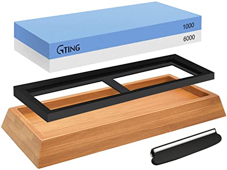 Whetstone Knife Sharpening Stone Set,G-TING 1000/6000 Grit Whetstone Sharpener Includes Non-Slip Angle Guide,Polishing Tool, Bamboo Base for Kitchen,Pocket Knives,Blades,Hunting