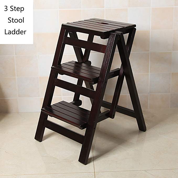 Kitchen Wooden Ladders Small Foot Stools Wood Folding Step Stool for Adults & Kids Indoor Folding Stepladder Portable Shoe Bench/Flower Rack (Color : Black, Size : 3 Tiers)
