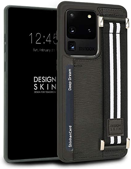 Design Skin Galaxy S20 Ultra Case, Genuine Leather Phone Case and Card Holder with Elastic Hand Strap for Extra Grip Case for Galaxy S20 Ultra- Black