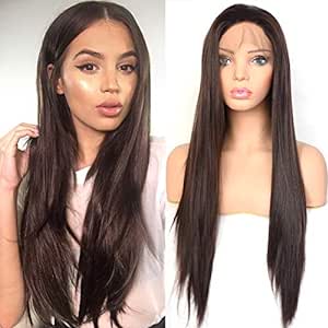 BLUPLE Dark Brown Lace Front Wigs Straight Pre Plucked Chocolate Brown Hair Long Natural Heat Resistant Synthetic Hair Half Hand Tied Wigs for Women Daily Wear (22 inches, Straight,Dark Brown 6#)