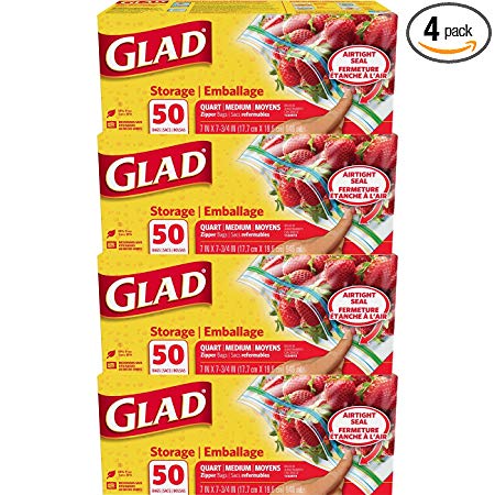 Glad Zipper Food Storage Plastic Bags - Quart - 50 Count - 4 Pack