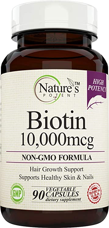 Nature's Potent - BIOTIN 10000mcg High Potency Supplement for Hair Growth, Stronger Nails and Glowing Skin, Non GMO (90 Veggie Capsules)