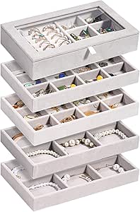 ProCase Jewelry Organizer Tray Jewelry Storage Box, Stackable Velvet Jewelry Drawer Organizer Inserts Earring Holder for Stud Earring Necklace Rings Bracelet, 8.27 x 4.72 x 5.71 -Grey, 5 Layers