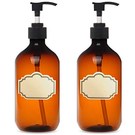 Yilove Plastic Liquid Soap Dispenser 16 Ounce Amber Pump Bottle，2 Pack
