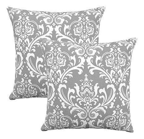 TreeWool, Cotton Canvas Damask Accent Decorative Throw Pillowcases (Pack of 2 Cushion Covers; 18 x 18 Inches; Silver Grey & White)