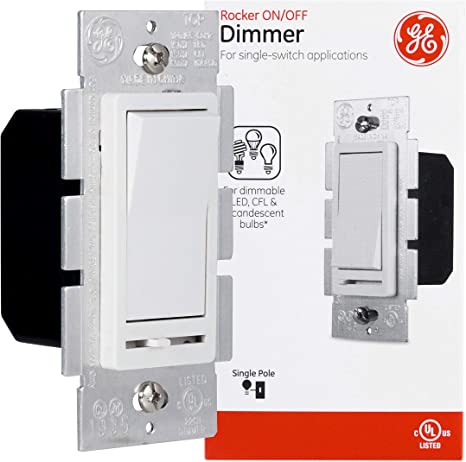 GE Slide Dimmer Rocker Wall Switch, Single Pole, for Dimmable LED, CFL, Incandescent Light, Bulbs, UL Listed, White, 10464