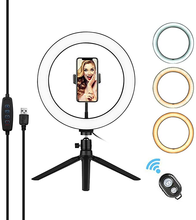 Andoer 10 Inch LED Ring Light with Tripod Stand Phone Holder Remote Control 3200K-5500K Dimmable Table Camera Light Lamp 3 Light Modes & 10 Brightness Level for YouTube Video Photo Studio Live
