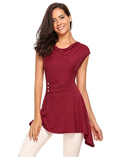 Beyove Women's Casual Cap Sleeve Cowl Neck Ruched Button Tunic Top Shirt