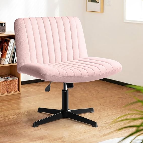 LEMBERI Fabric Padded Desk Chair No Wheels, Armless Wide Swivel Home Office Desk Chair,120° Rocking Mid Back Ergonomic Computer Task Vanity Chair for Office, Home, Make Up,Small Space (Pink)